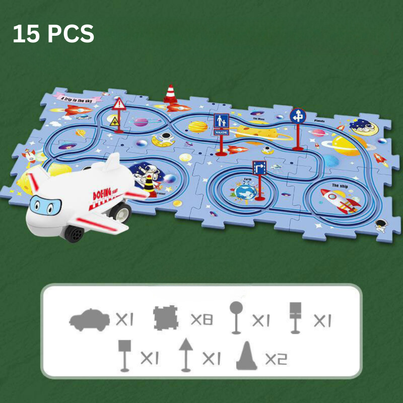 Spielmatte mit Weltraummotiv, 15-teilig, inkl. Flugzeugspielzeug, blau, Kinderzimmer.