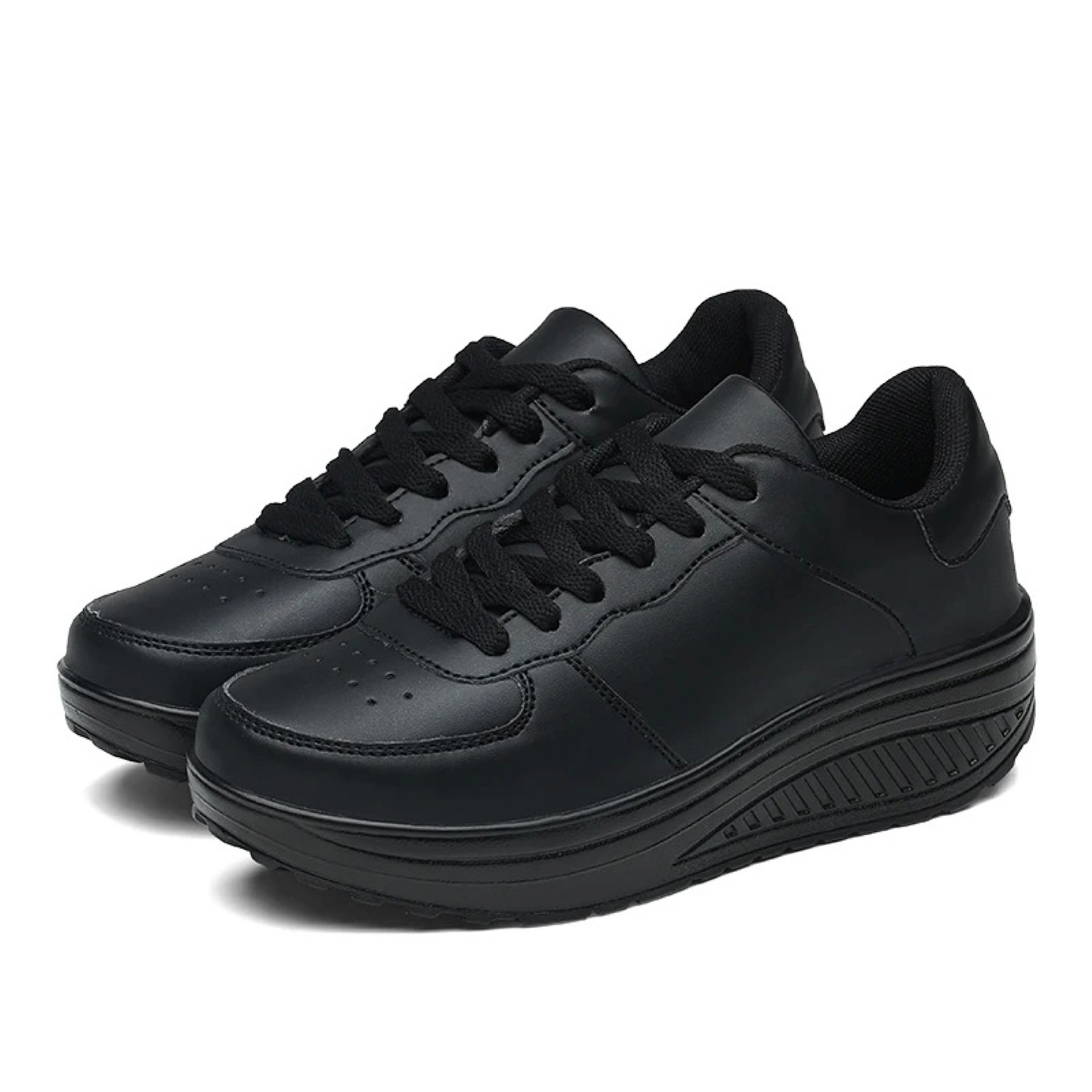 Schwarze orthopädische Damen-Sneaker aus Leder, komfortabel, sportlicher Stil.