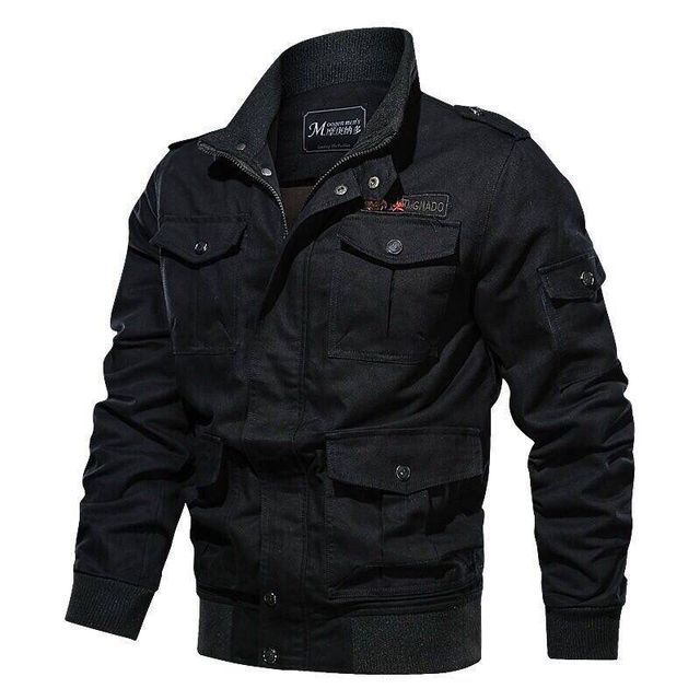 Schwarze Herren-Militärjacke, Baumwolle, Pilotstil, Frühling Herbst, große Größe.