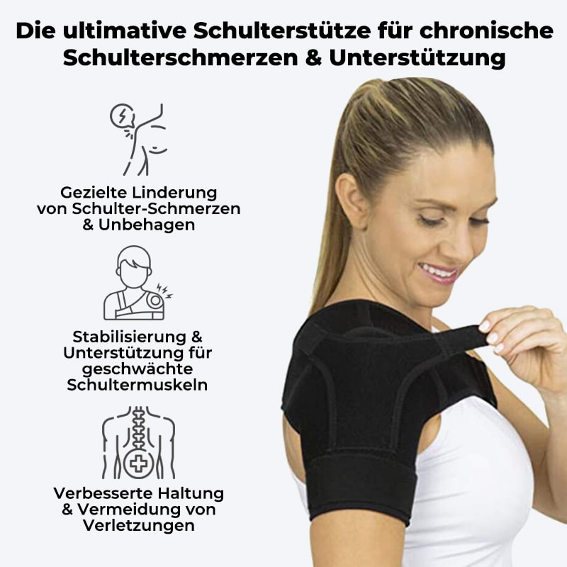 Frau mit schwarzer Schulterstütze für Schmerzlinderung und Stabilität bei chronischen Schulterschmerzen.
