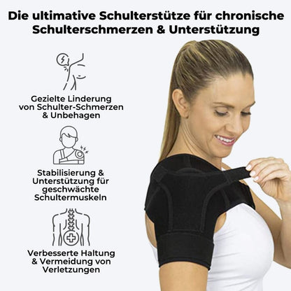 Frau mit schwarzer Schulterstütze für Schmerzlinderung und Stabilität bei chronischen Schulterschmerzen.