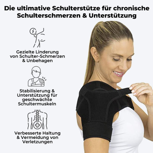 Frau mit schwarzer Schulterstütze für Schmerzlinderung und Stabilität bei chronischen Schulterschmerzen.