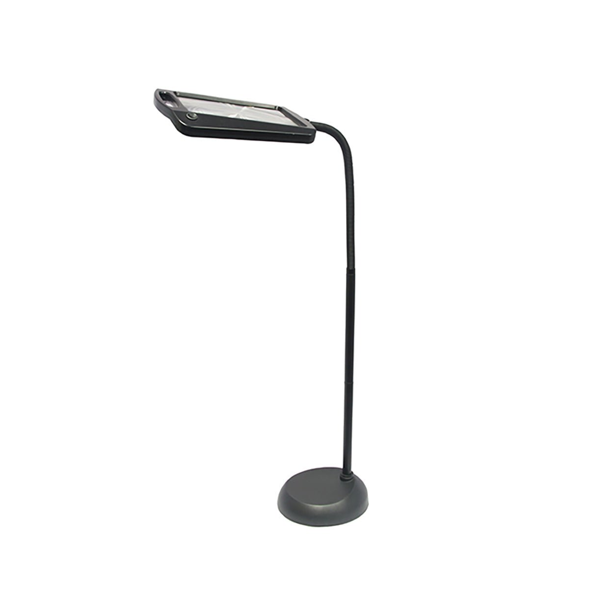 Svart golvlampa med rektangulärt förstoringsglas, böjbar hals och rund sockel mot vit bakgrund 1