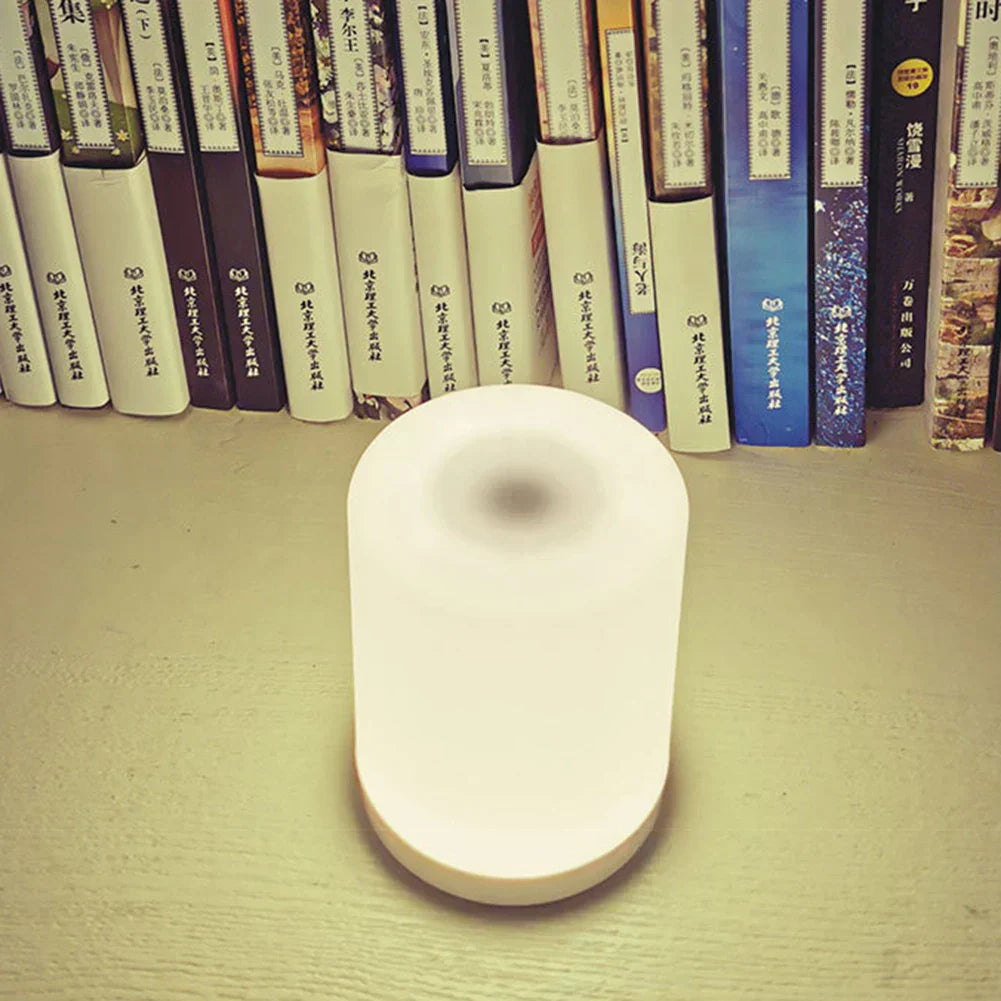 LED-Tischlampe mit stufenloser Dimmung, Touch-Steuerung, USB-aufladbar, vor Bücherregal.