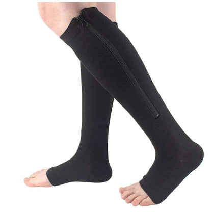 Schwarze Kompressionsstrümpfe mit Reißverschluss, Unisex, zur Linderung von Beinschmerzen.