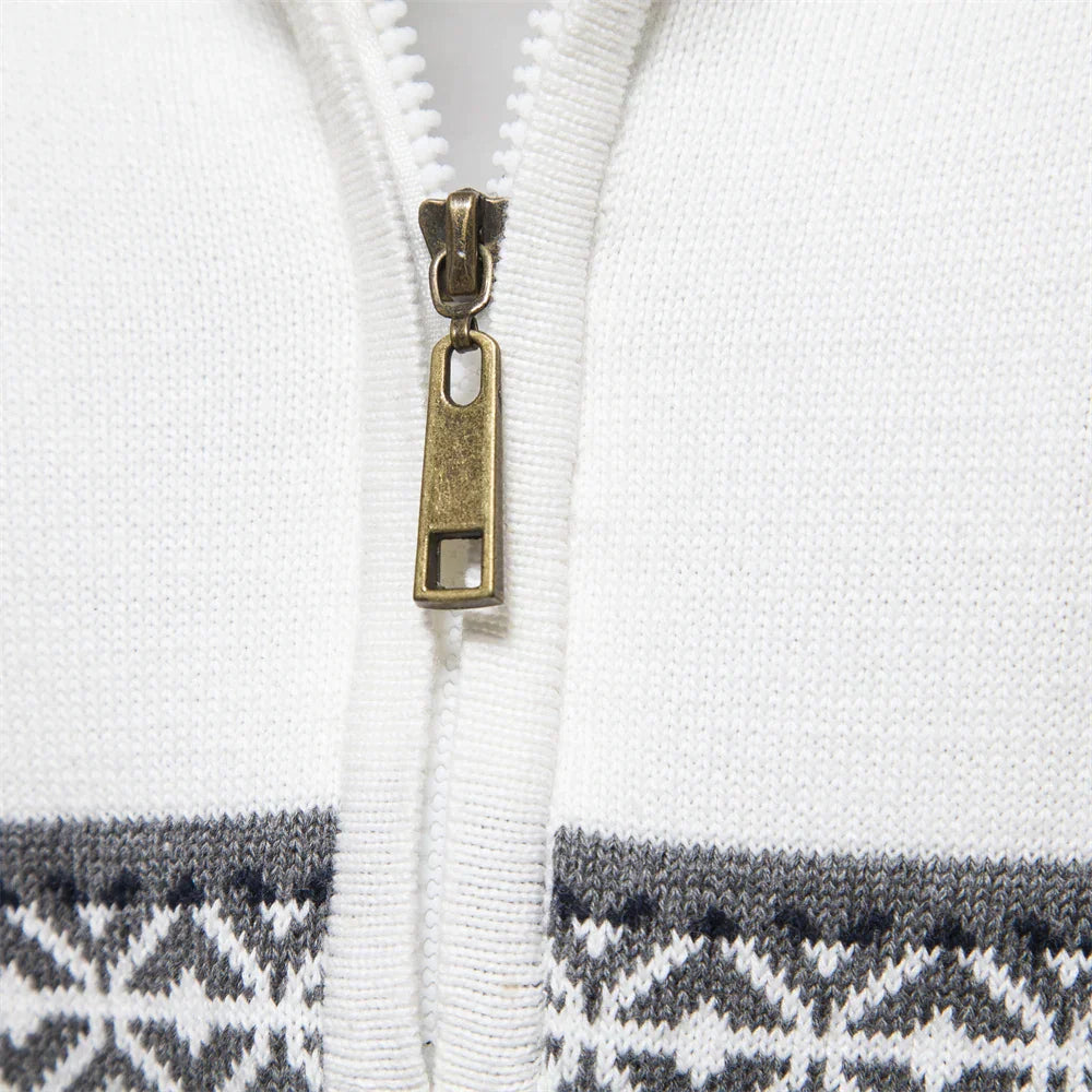 Weißer Herrenpullover mit Reißverschluss, Ethno-Muster, Baumwolle, lässig, modisch.