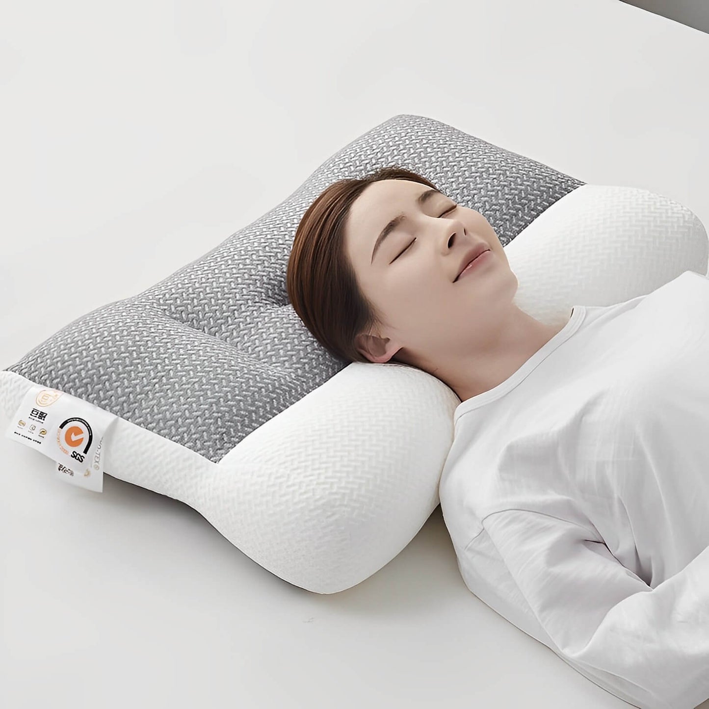 Ergonomisches Nackenkissen, orthopädisch, grau-weiß, für alle Schlafpositionen.