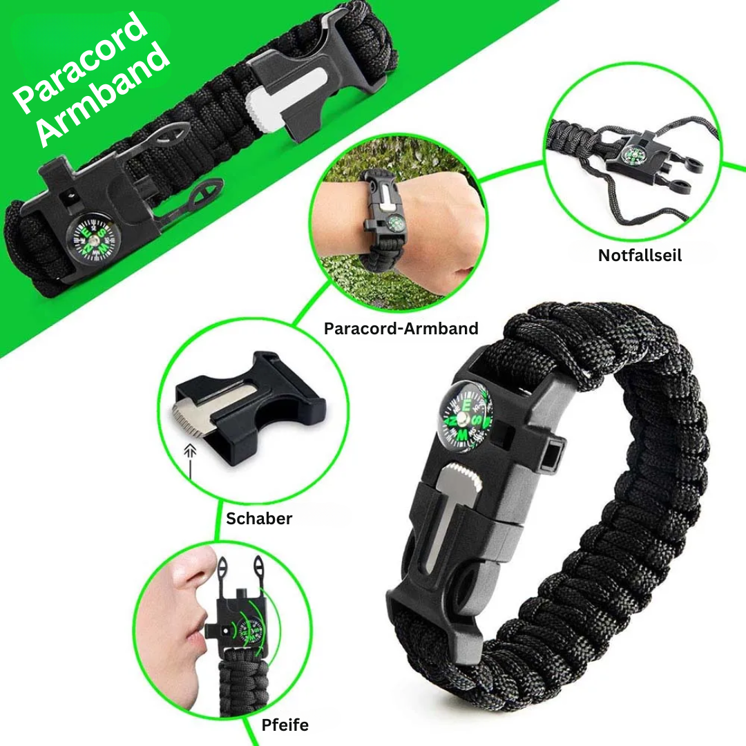 Schwarzes Paracord-Armband mit Kompass, Notfallpfeife und Schaber für Outdoor-Abenteuer.