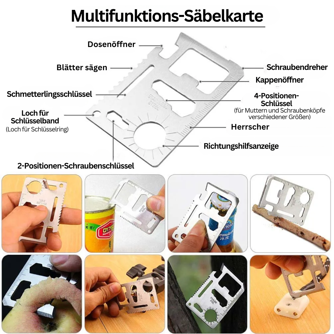 Multifunktions-Säbelkarte aus Metall, mit Dosenöffner, Schraubendreher, Lineal, Schlüssel.