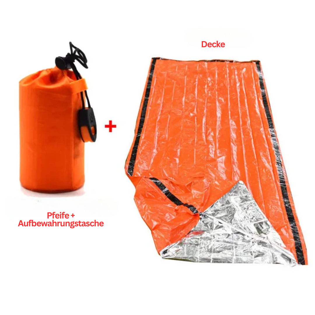 Orange Notfalldecke mit silberner Innenseite, inklusive Pfeife und Aufbewahrungstasche.