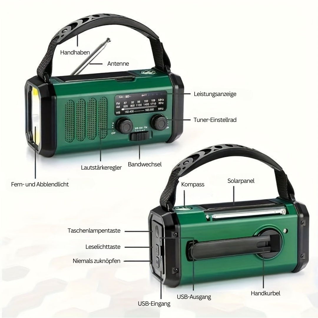 Tragbares Notfallradio mit Solarpanel, Handkurbel, USB-Ausgang, grün, ideal für Outdoor-Abenteuer.