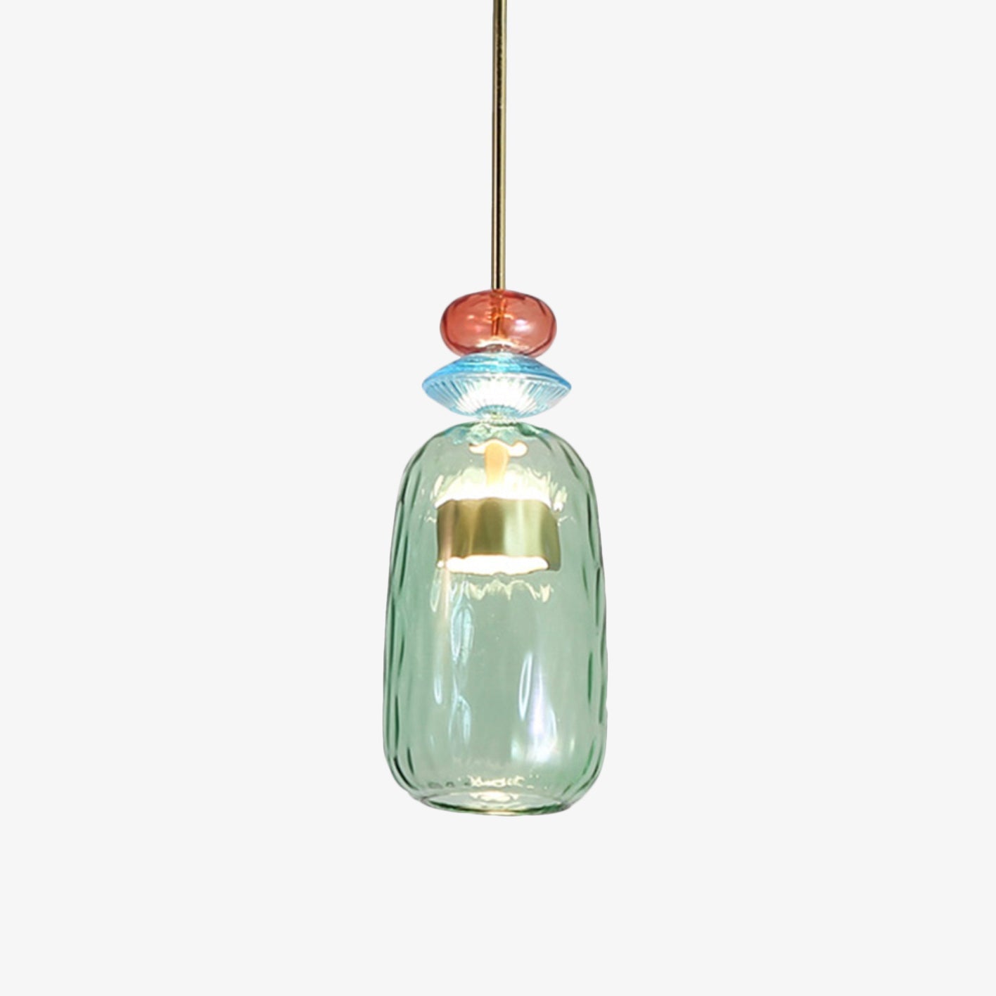 Grüne Glas-Hängeleuchte mit Messingakzent, modernes Design, bunte Details, LED-kompatibel.