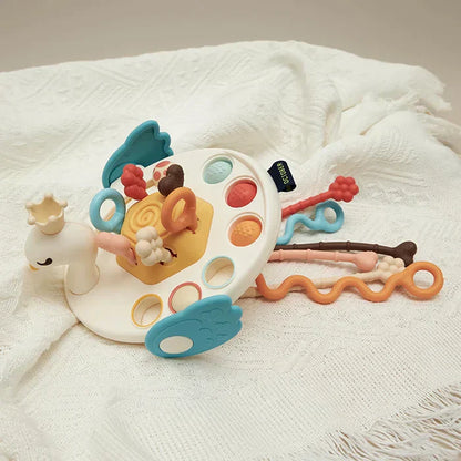 Bunter Silikon-Schwan-Ziehtier für Babys, sensorisches Spielzeug, BPA-frei, motorische Förderung.