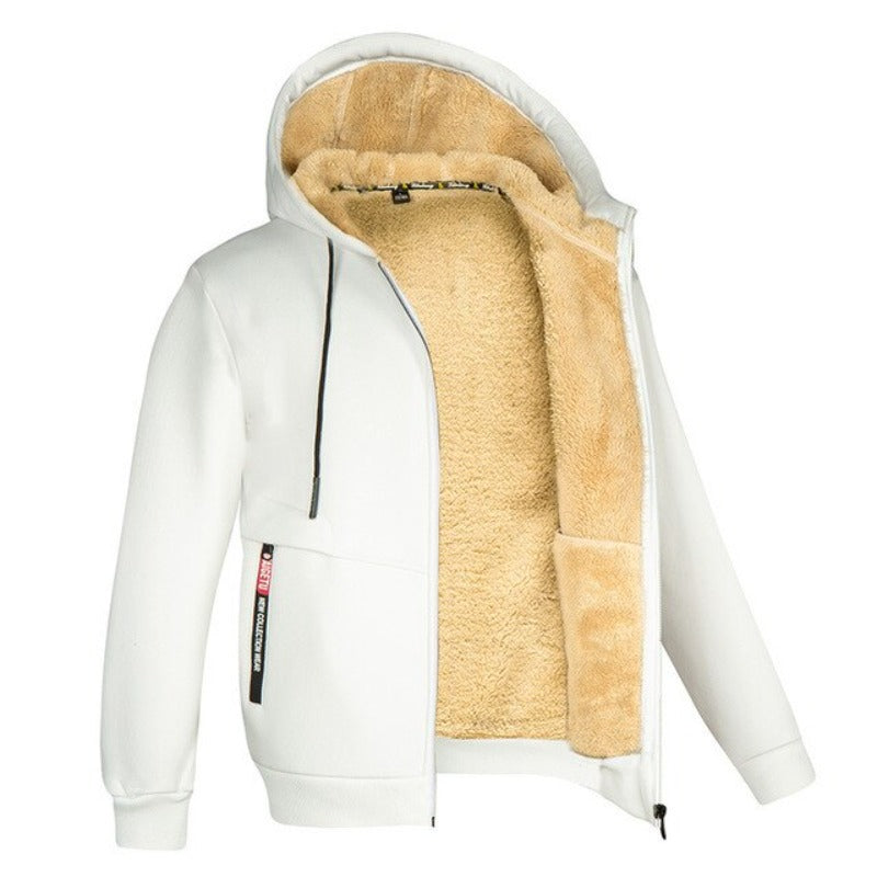 Weißes Herren-Sweatshirt mit Reißverschluss, Sherpa-Futter, Kapuze, Wintermode.