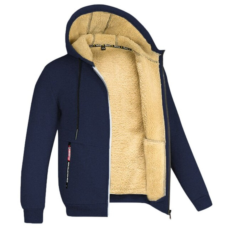 Dunkelblaues Herren-Sweatshirt mit Reißverschluss, Sherpa-Futter, Wintermode, Kapuze.