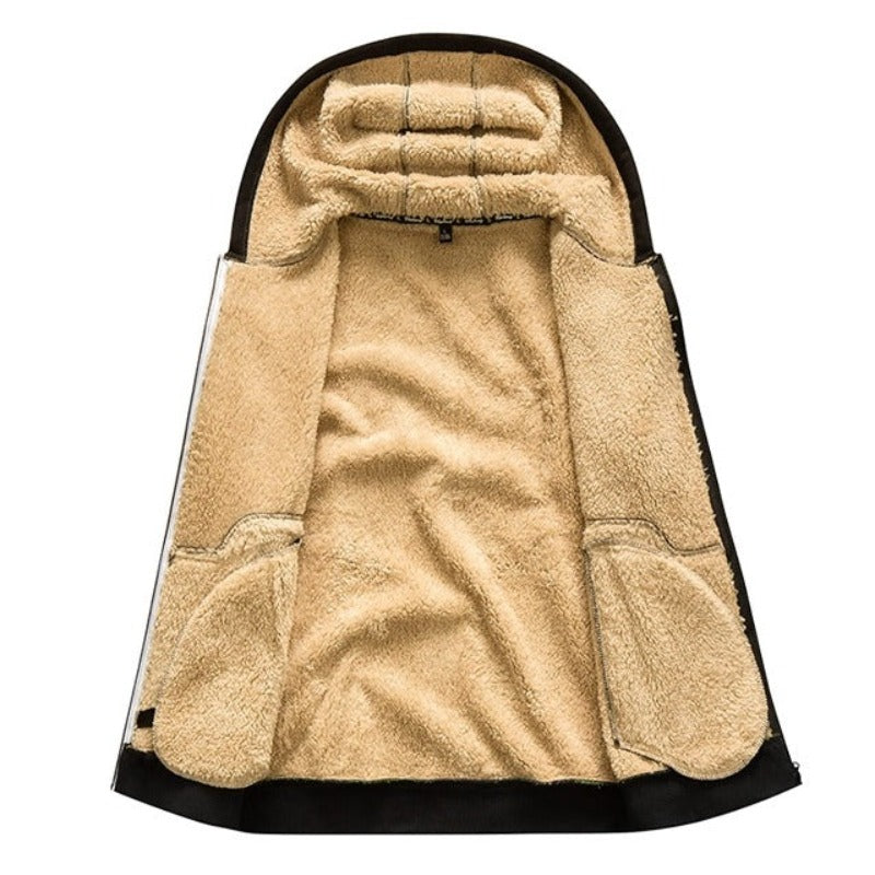 Herren-Sherpa-Sweatjacke mit Reißverschluss, beige Fleece-Innenfutter, Wintermode.