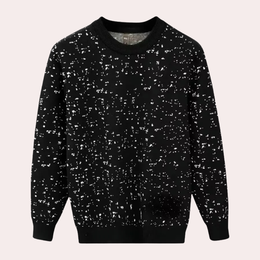 Schwarzer Pullover mit weißem Sprenkelmuster, Rundhalsausschnitt, Baumwolle, Herrenmode.