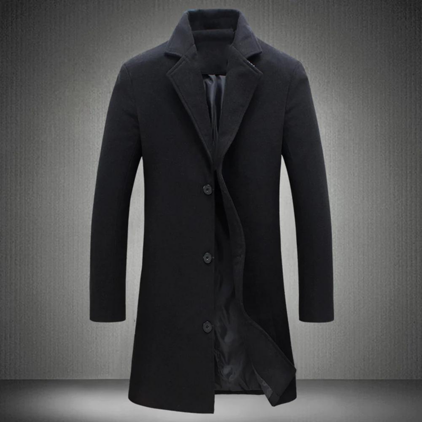 Schwarzer Herrenmantel, eleganter Wollmantel, klassischer Schnitt, Wintermode, stilvoll.
