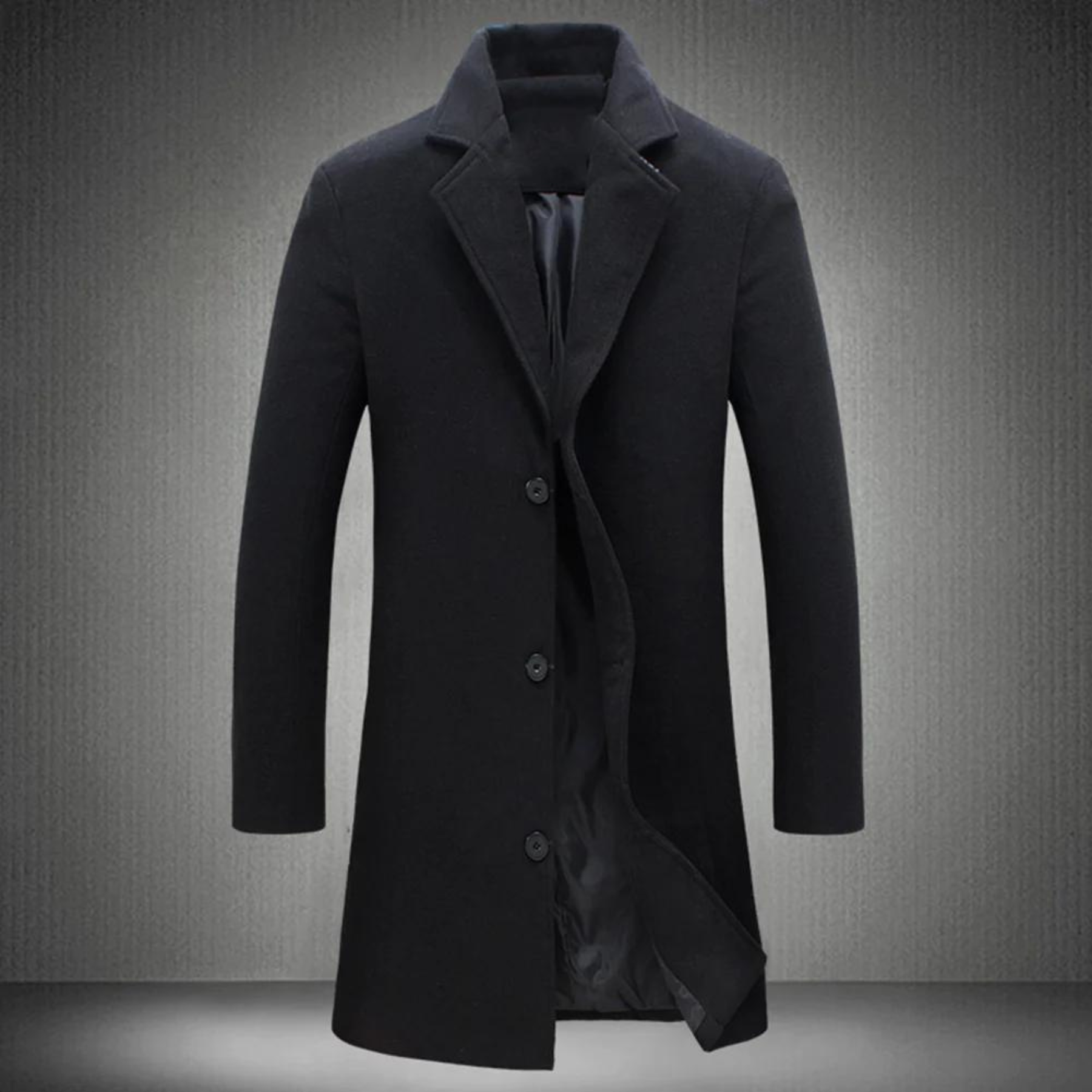 Schwarzer Herrenmantel, eleganter Wollmantel, klassischer Schnitt, Wintermode, stilvoll.