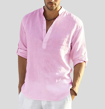 Männerhemd Leinen rosa, lässig, V-Ausschnitt, langärmlig, Sommermode, Freizeitkleidung.