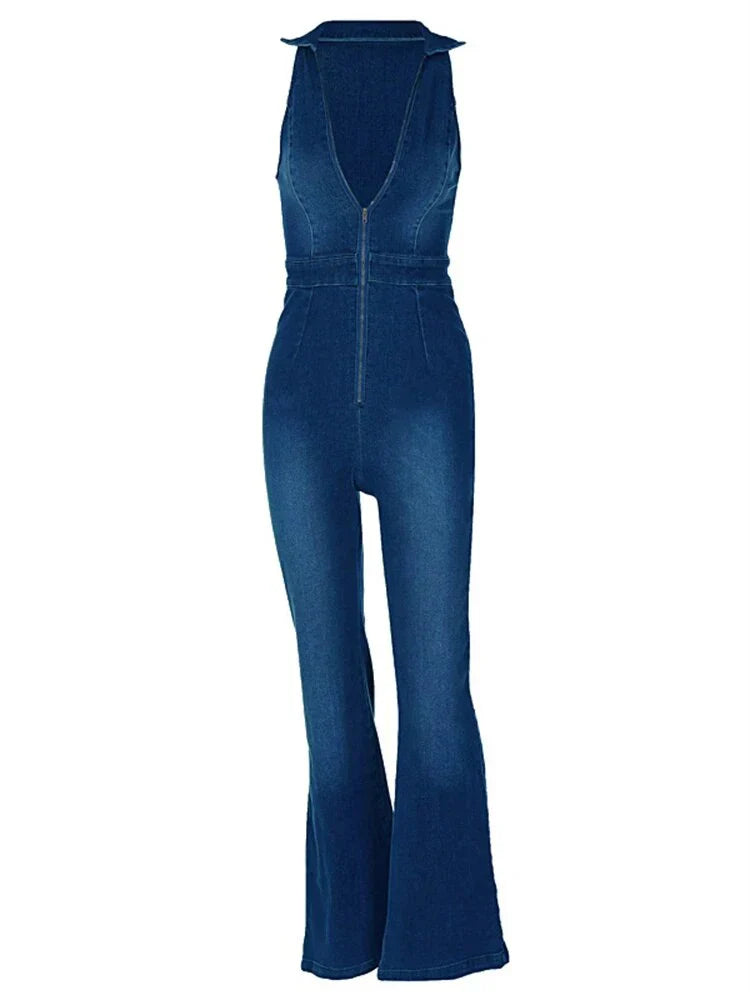 Andningsbar och stilren denimjumpsuit med V-ringning för damer – Fenja