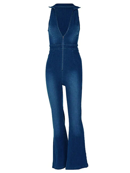 Andningsbar och stilren denimjumpsuit med V-ringning för damer – Fenja