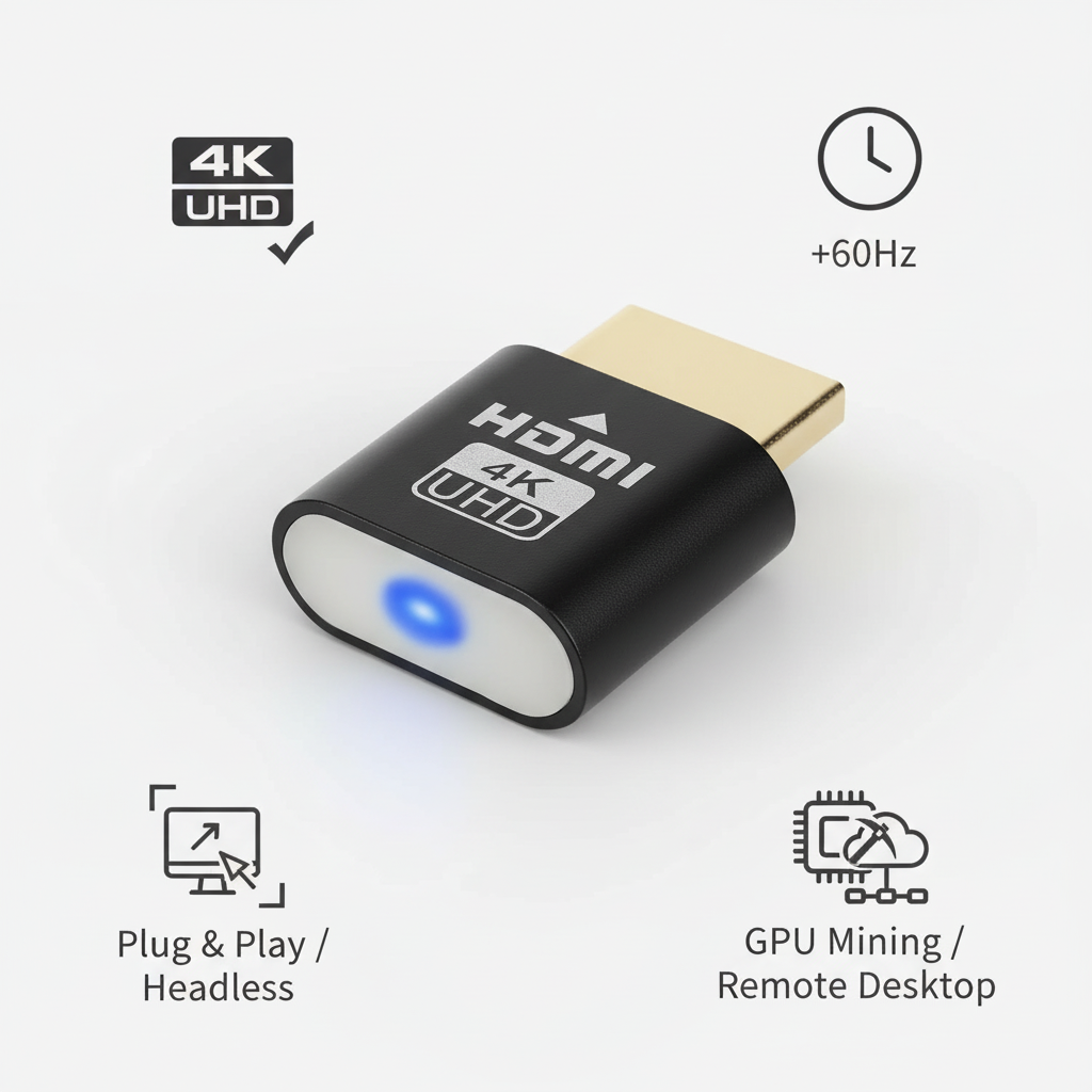Svart HDMI-enhet med lysande blå lampa omgiven av ikoner som visar 4K-upplösning, 60 Hz, plug and play och fjärrskrivbord. 2