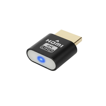 Svart HDMI-enhet i metallhölje med guldfärgad kontakt och en lysande blå lampa på kortsidan, mot vit bakgrund. 1