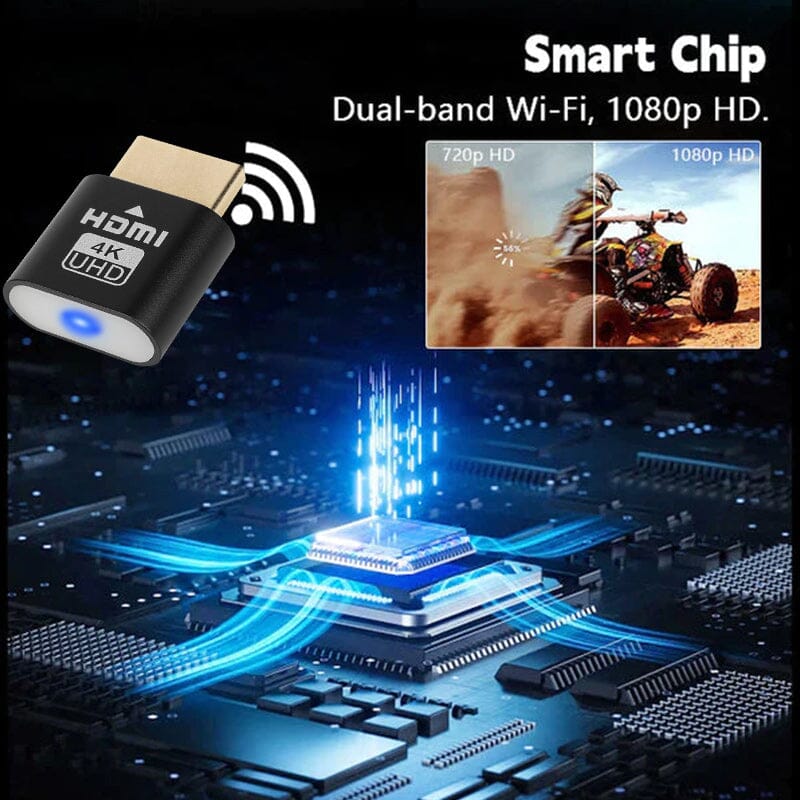 Svart HDMI-enhet med trådlös signalsymbol ovanför en glödande mikrochip-illustration, med jämförelse mellan 720p- och 1080p-bild av en fyrhjuling. 4