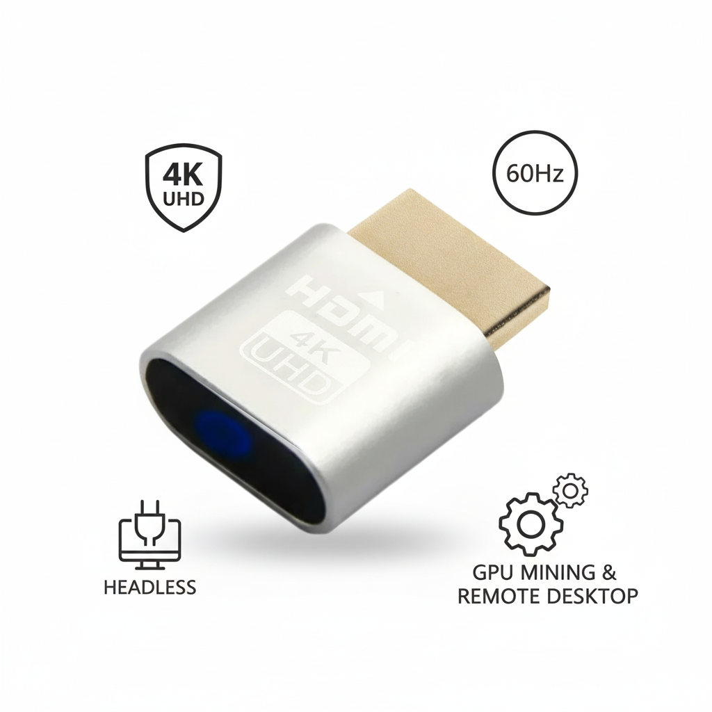 Silverfärgad HDMI-enhet med guldfärgad kontakt och ikoner för 4K, 60 Hz, headless-läge och fjärrskrivbord mot vit bakgrund. 11