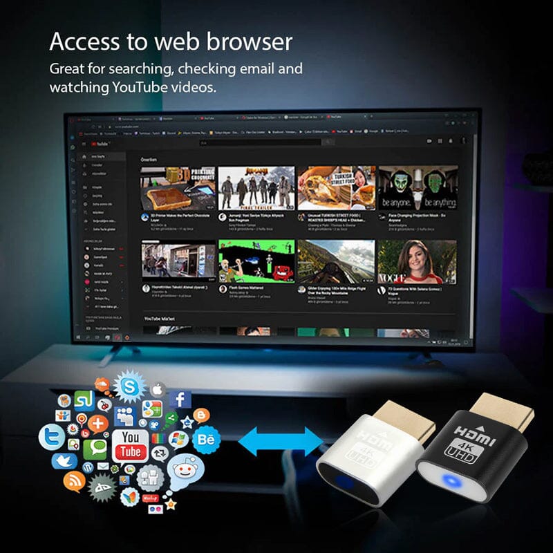 Svart och silverfärgad HDMI-enhet framför en tv som visar videor i en webbläsare, med färgglada ikoner för sociala medier. 6