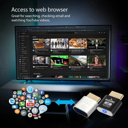 Svart och silverfärgad HDMI-enhet framför en tv som visar videor i en webbläsare, med färgglada ikoner för sociala medier. 6