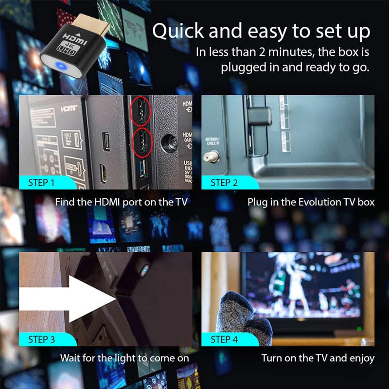 Installationsguide i fyra steg: hitta HDMI-porten på tv:n, sätt i enheten, vänta på lampan och slå på tv:n. 7