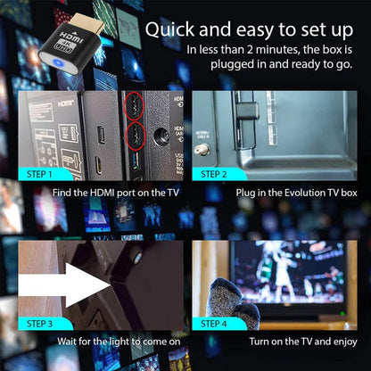 Installationsguide i fyra steg: hitta HDMI-porten på tv:n, sätt i enheten, vänta på lampan och slå på tv:n. 7