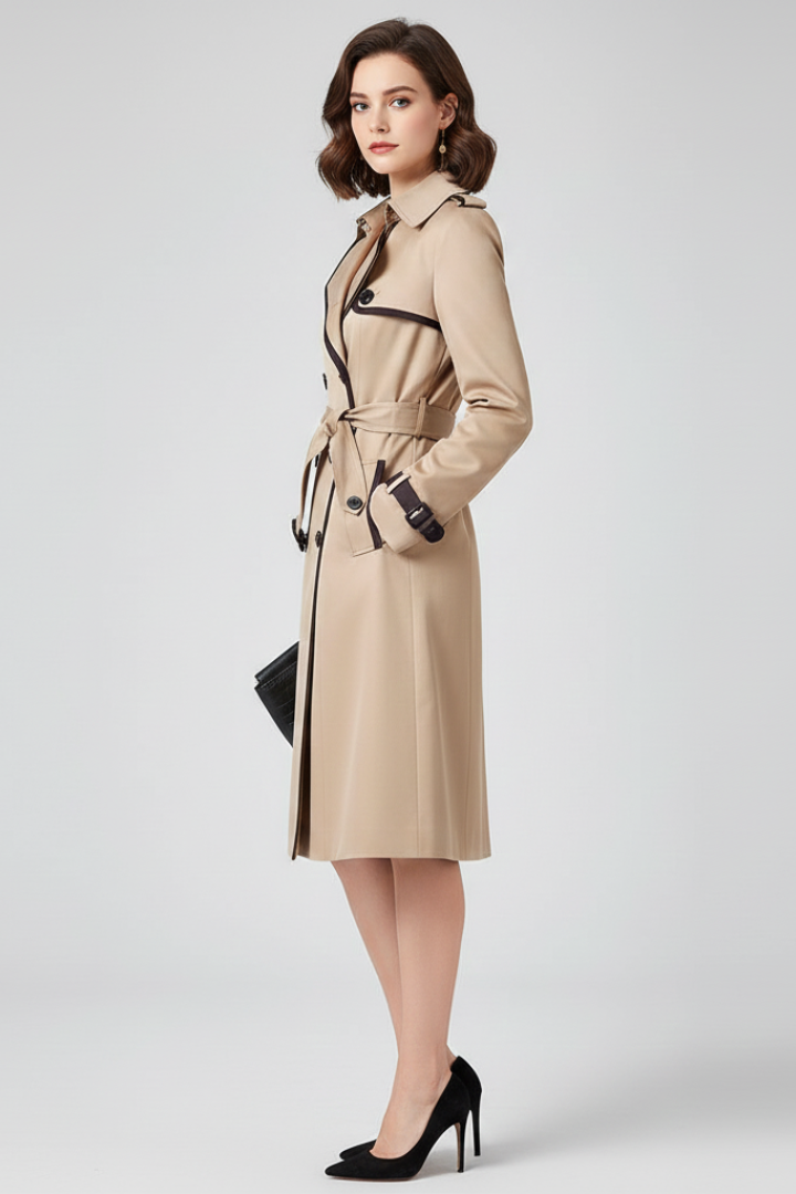 Modell i beige trenchcoat sedd från sidan med handen i fickan, mörka kantlinjer, ärmremmar och skärp i midjan. 3