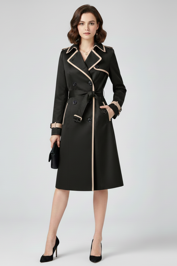 Modell i svart dubbelknäppt trenchcoat med beige kantlinjer och knuten skärp, svart väska och svarta klackskor, framifrån. 5