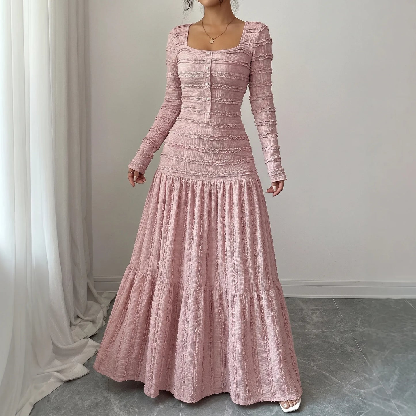 Textured Long Sleeve Tiered Maxi Dress - Rachael