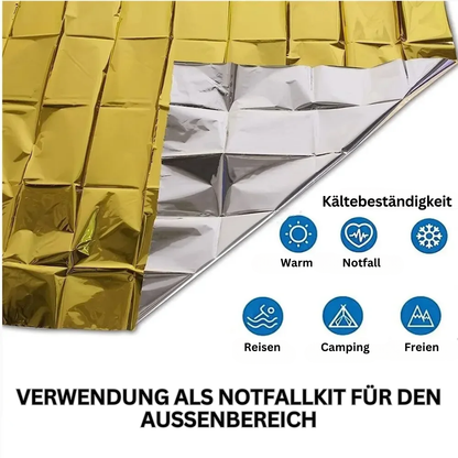 Gold-silberne Notfall-Poncho-Decke, kältebeständig, ideal für Reisen und Camping.