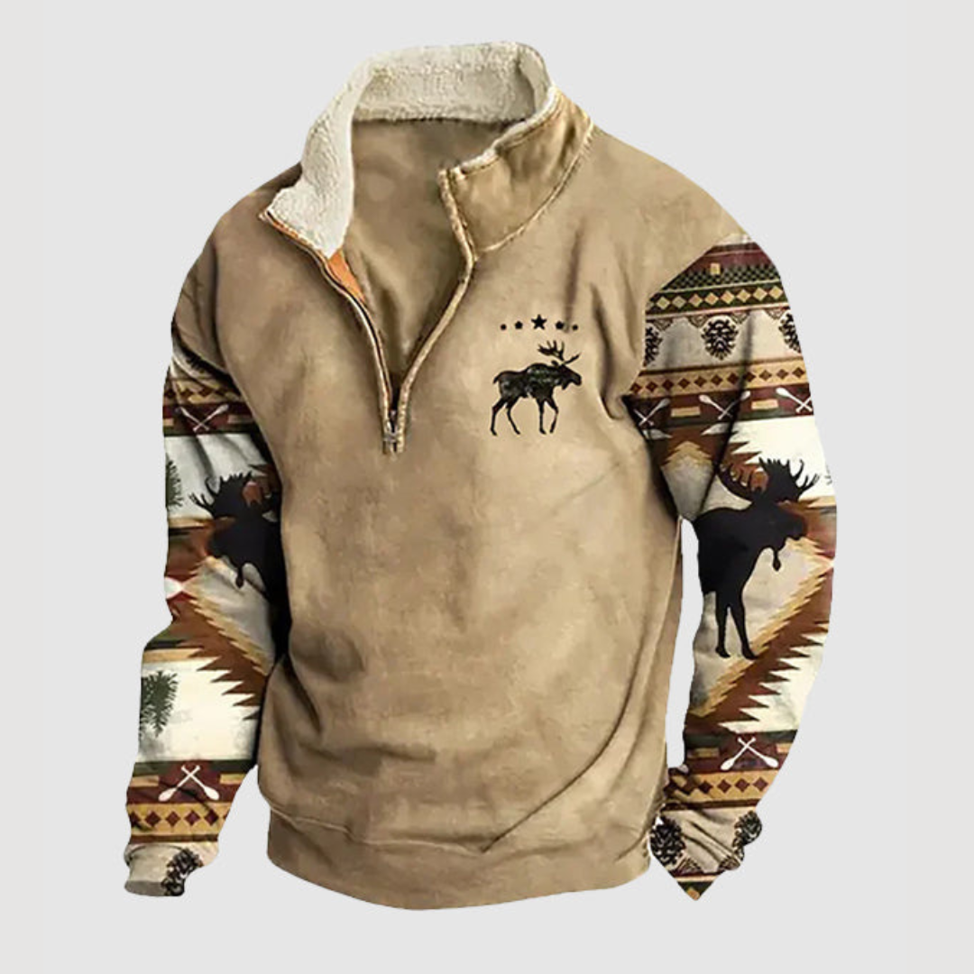Beige Herrenpullover mit Elchmotiv, warmes Fleece, Ethno-Muster, Wintermode.