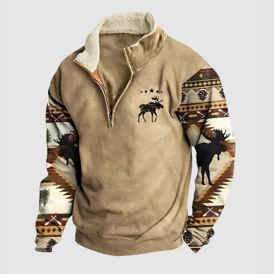 Beige Herrenpullover mit Elchmotiv, warmes Fleece, Ethno-Muster, Wintermode.