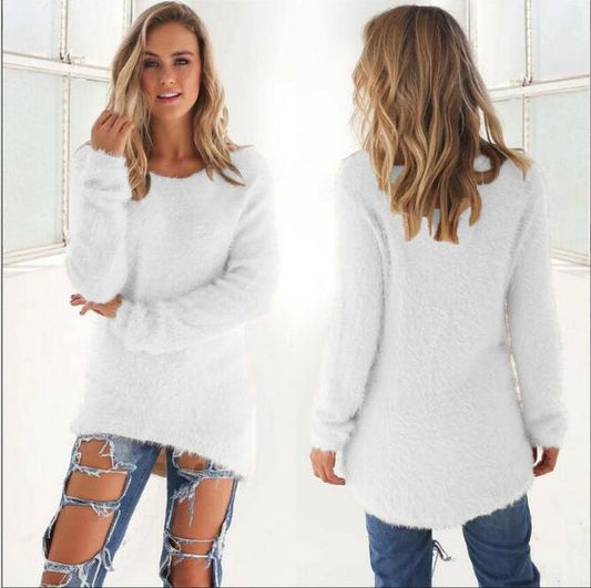 Weiße Damen-Fleece-Pullover, langärmelig, lässig, bequem, modisch, ideal für Herbst.