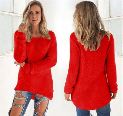 Flauschiger roter Damenpullover, langärmelig, lässig, bequem, ideal für Herbstmode.