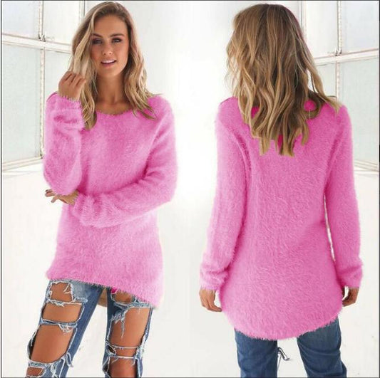Flauschiger rosa Damenpullover, langärmelig, lässig, bequem, modisch, weiches Material.