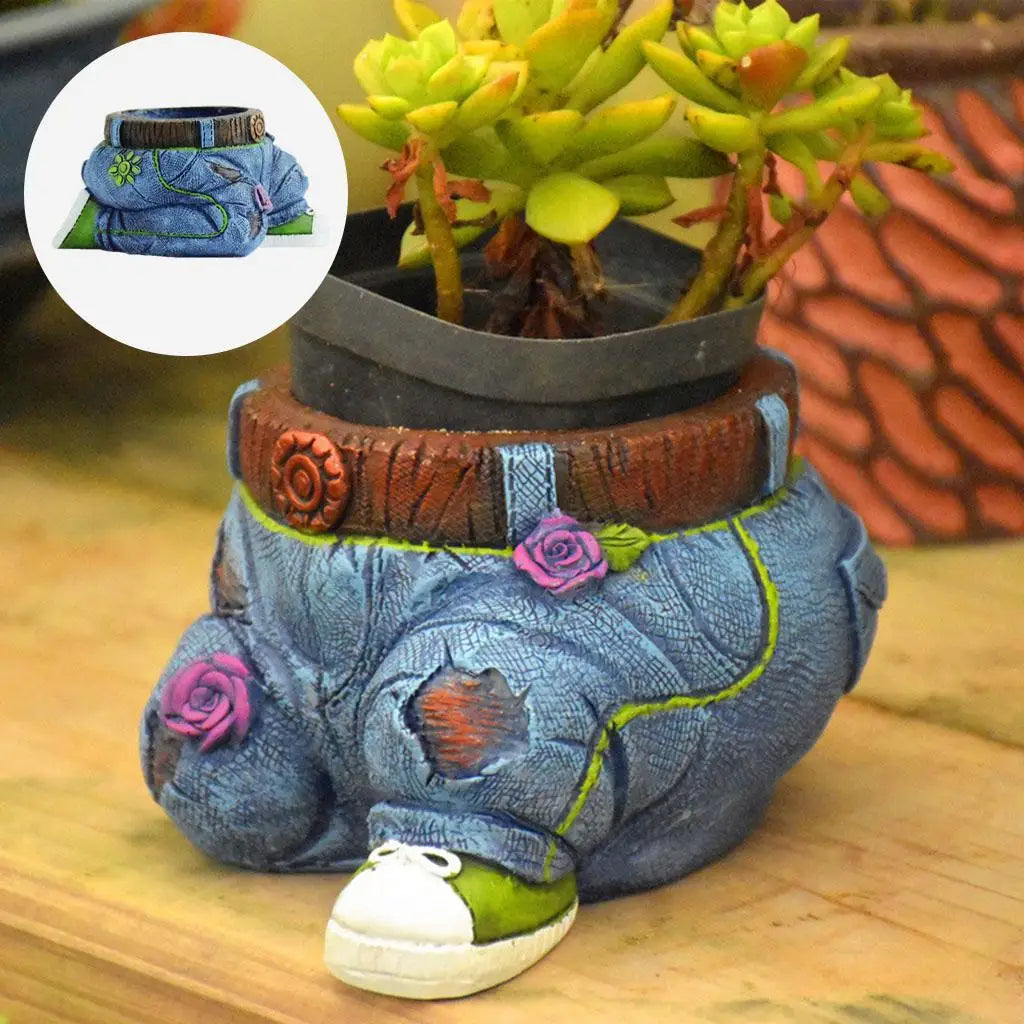 Kleine Sukkulenten-Pflanzgefäß, Harz, Jeans-Design, dekorative Gartenfigur, bunt.