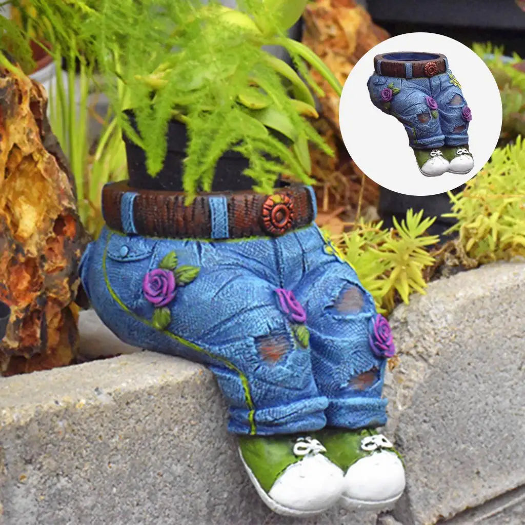 Kleine Sukkulenten-Pflanzgefäß-Skulptur, Harz, Jeans-Design, Garten-Dekoration.