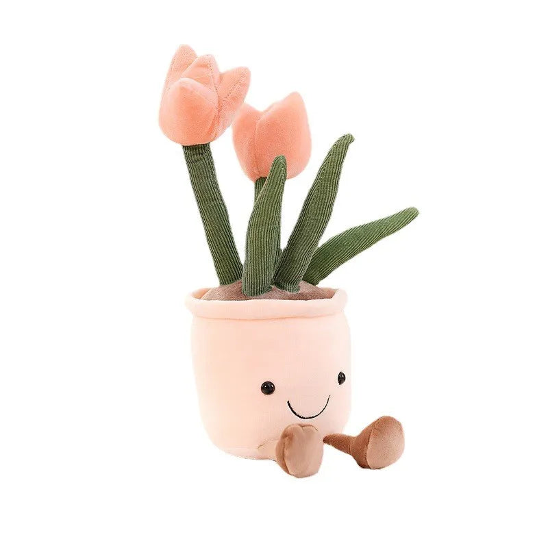 Rosa Plüsch-Tulpe im Topf, lächelndes Gesicht, Kinderzimmer-Dekoration, Geschenkidee.