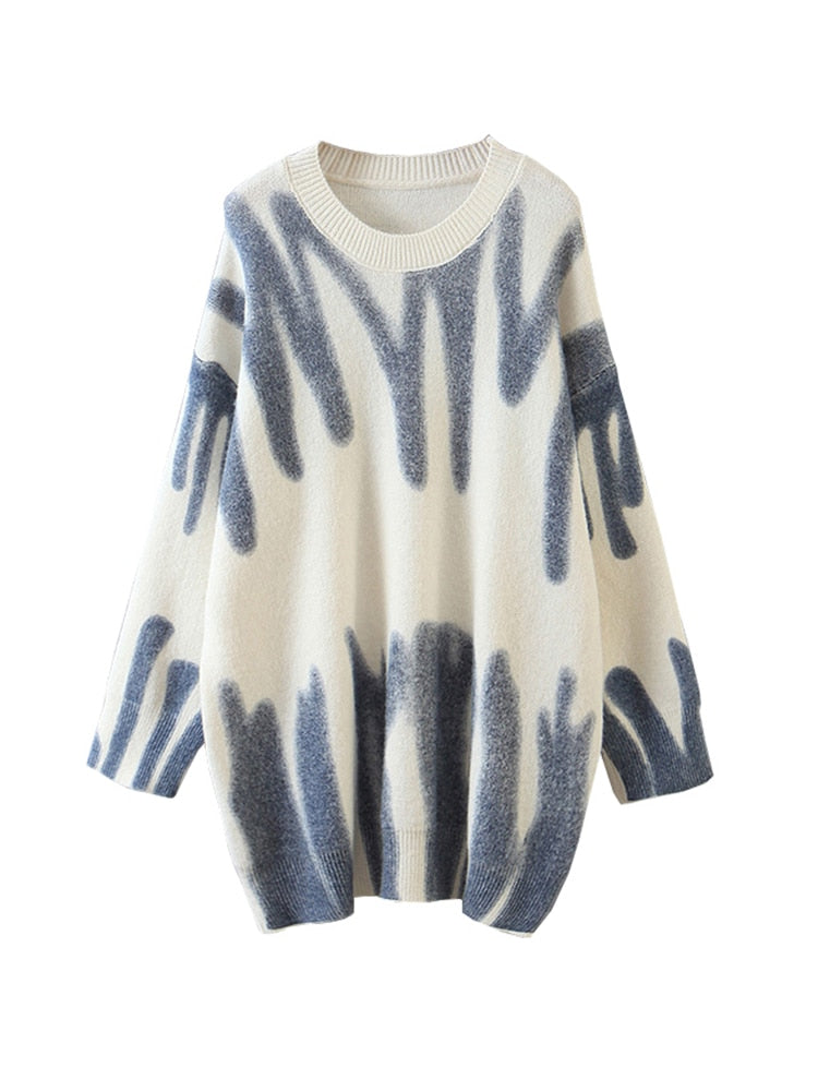 Damen Pullover, weiß-blau, abstraktes Muster, Strick, langärmelig, modisch, bequem.