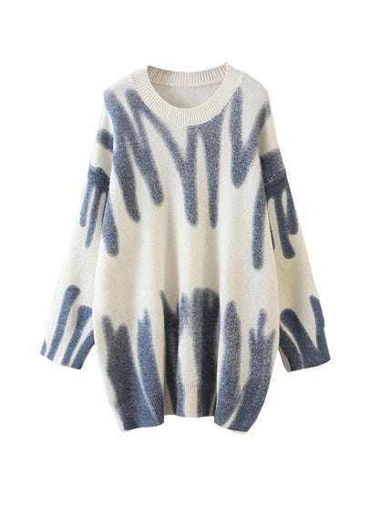 Damen Pullover, weiß-blau, abstraktes Muster, Strick, langärmelig, modisch, bequem.