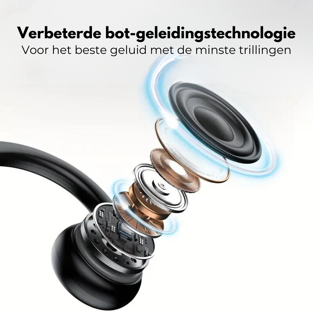 Explosionsdarstellung eines Kopfhörers mit verbesserter Knochenschalltechnologie, schwarz.