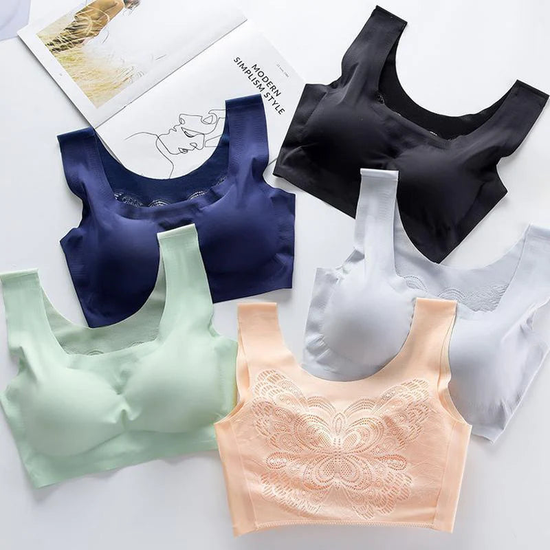 Fünf ultradünne, nahtlose BHs in verschiedenen Farben, aus Eisseide, für Damen.